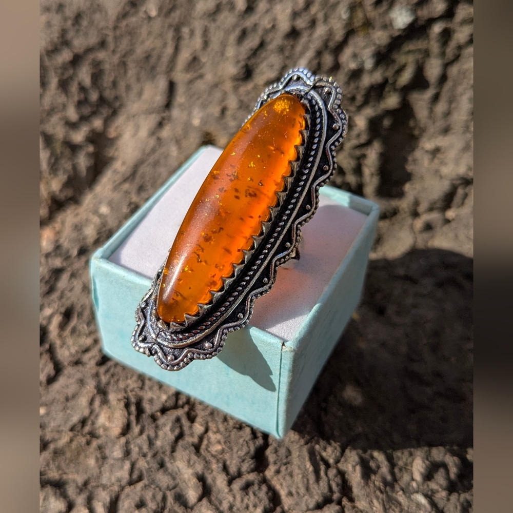 Amber Cabochon Silver-Tone Filigree Ring - Orange